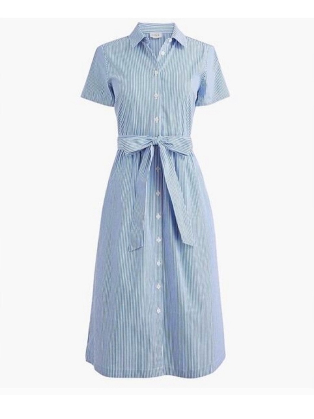 J. Crew Factory Light Blue Striped Shirt Midi Dress with Tie Waist
